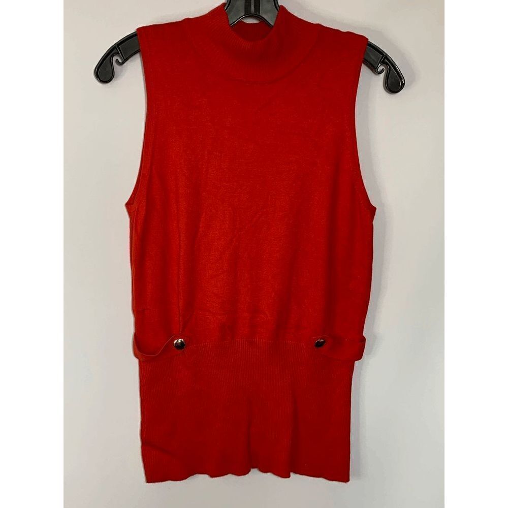 Caché Women's Ribbed Mock Neck Top Knit Blouse Pullover Sleeveless Red Size Larg